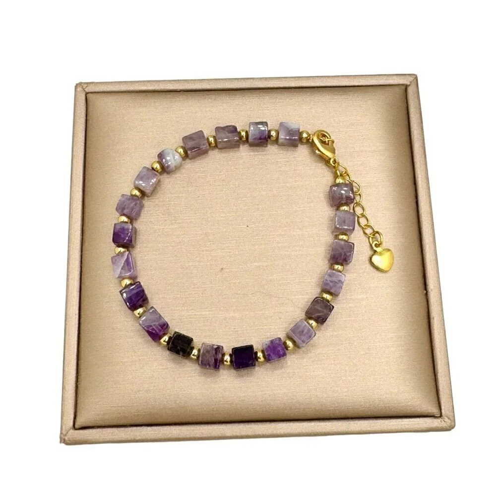 NWT Amethyst Beaded Bracelet 18K Gold Plated Geometric Purple 6.5”